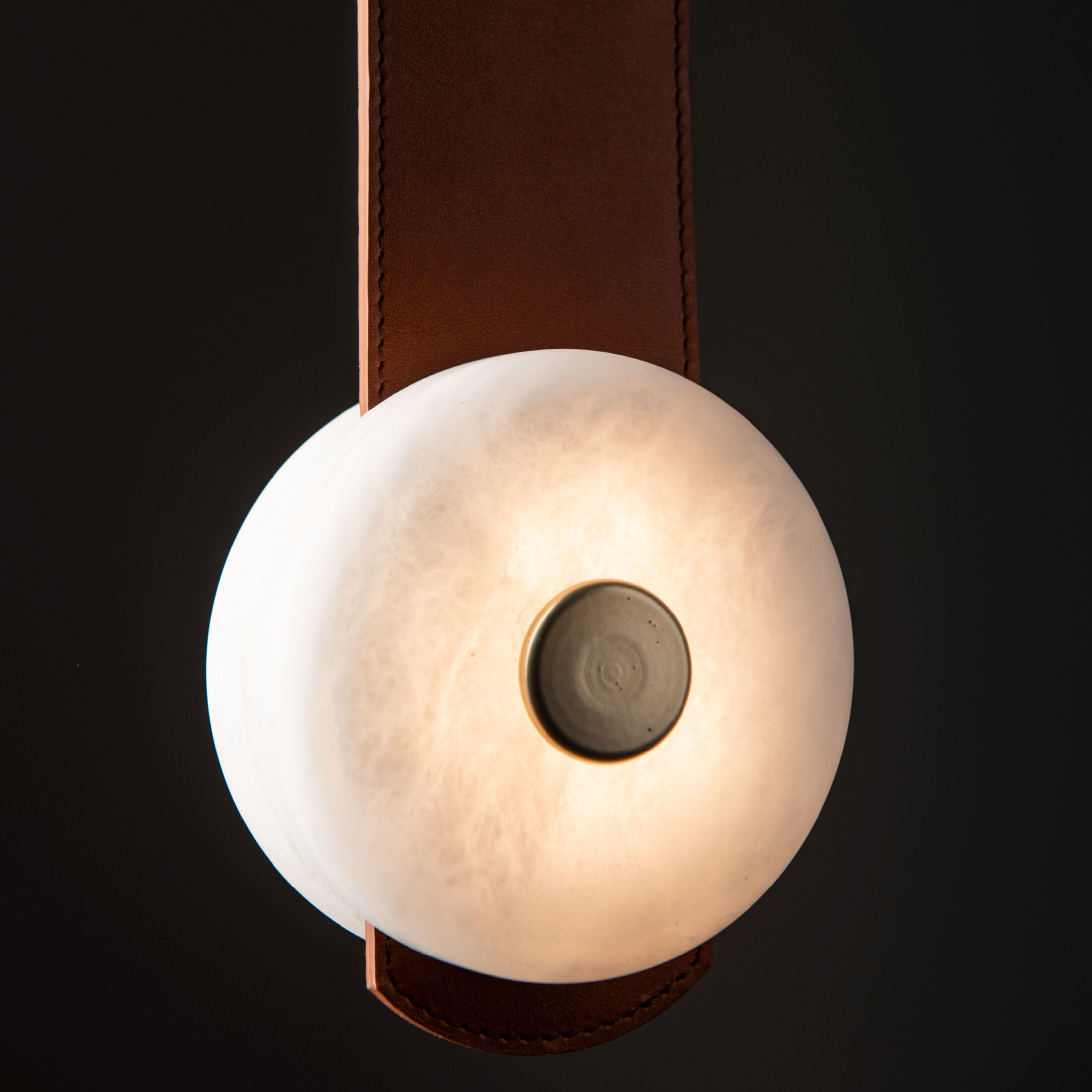Art & Alchemy SNAPS LED 4 inch Modern Brass Pendant Ceiling Light in Chestnut Leather with Alabaster, Small