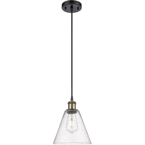 Ballston Cone LED 8 inch Black Antique Brass and Matte Black Mini Pendant Ceiling Light in Seedy Glass, Black Textured