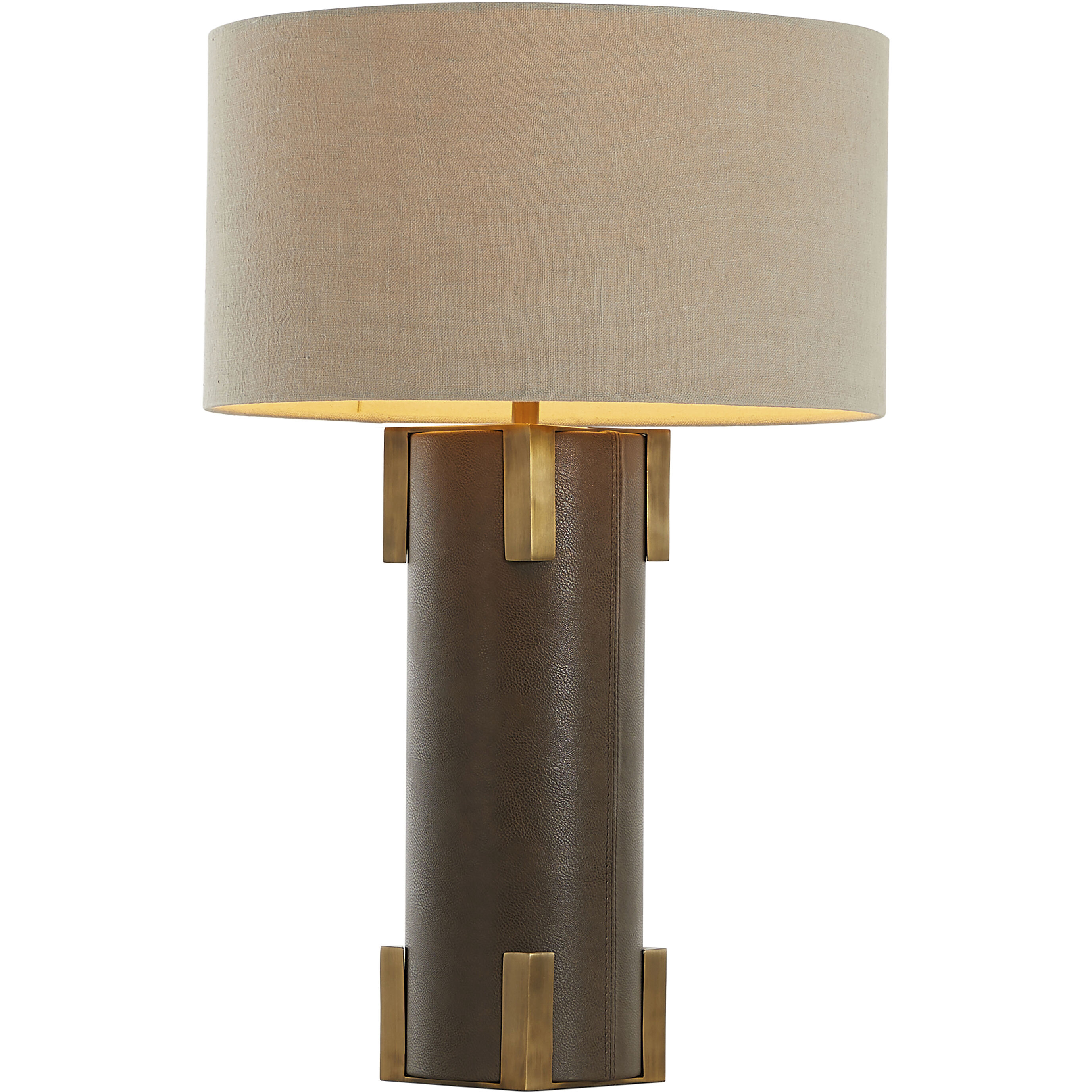Bronx 29 inch Brushed Antique Brass and Dark Brown Leather with Beige Linen Table Lamp Portable Light
