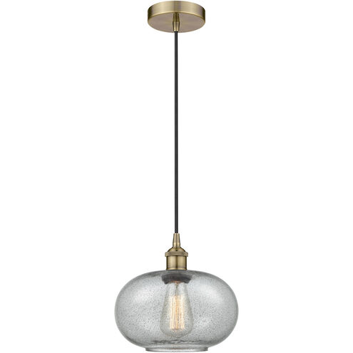 Edison Gorham LED 9.5 inch Antique Brass Mini Pendant Ceiling Light in Charcoal Glass