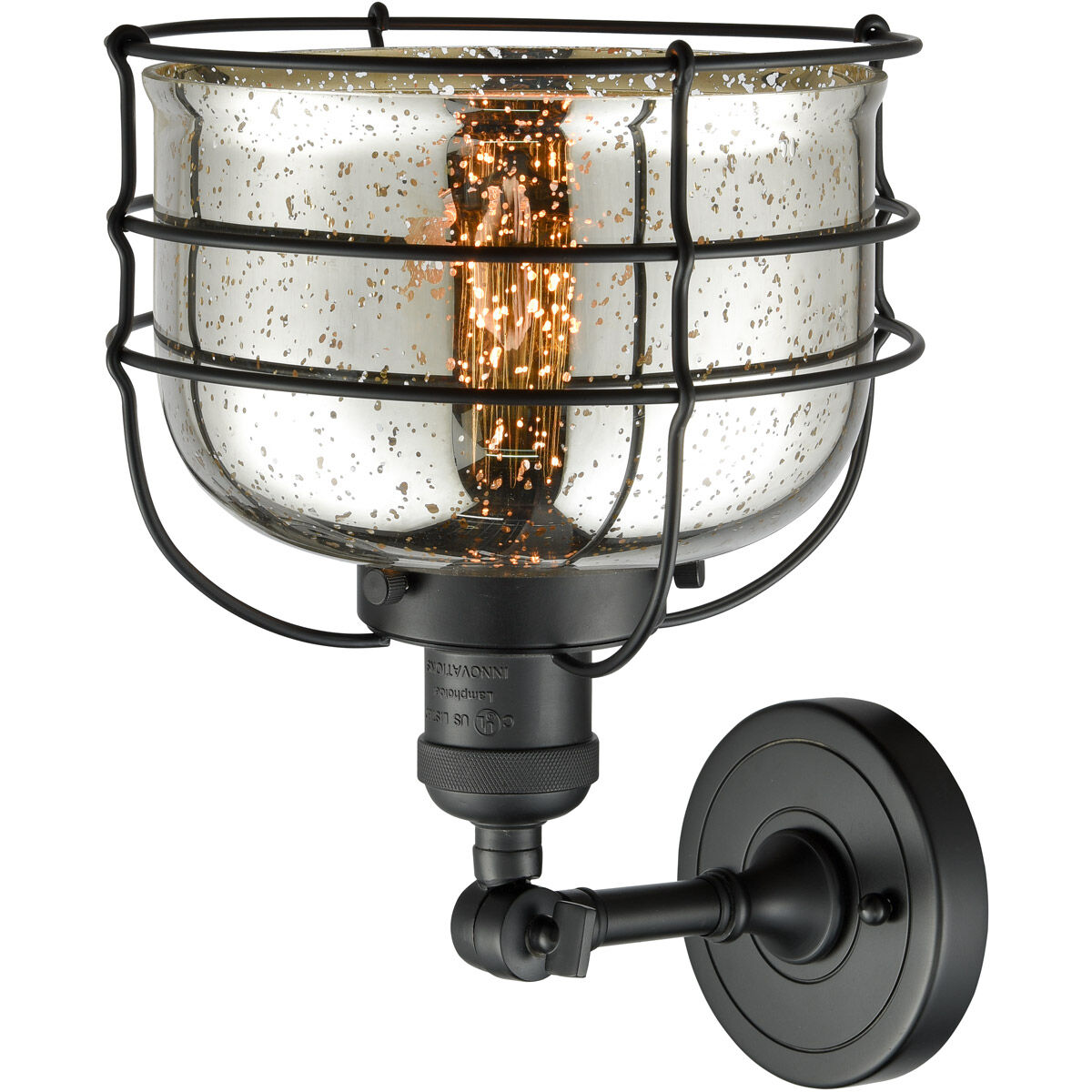 Franklin Restoration Large Bell Cage LED 9 inch Matte Black Sconce Wall Light in Silver Plated Mercury Glass, Franklin Restoration