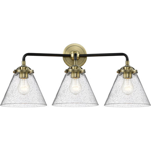 Nouveau Large Cone 3 Light 26 inch Oil Rubbed Bronze Bath Vanity Light Wall Light in Seedy Glass, Nouveau
