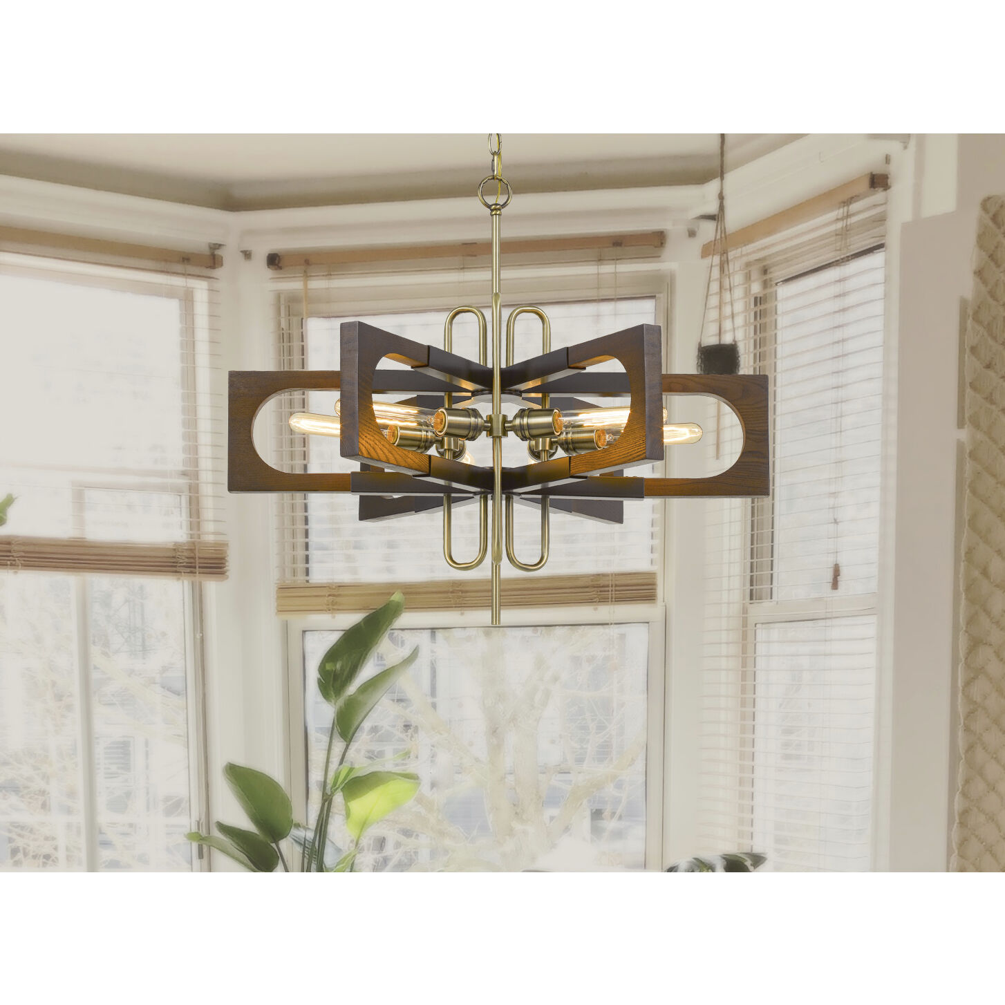 Sneek 6 Light 5 inch Antique Brass/Wood Chandelier Ceiling Light