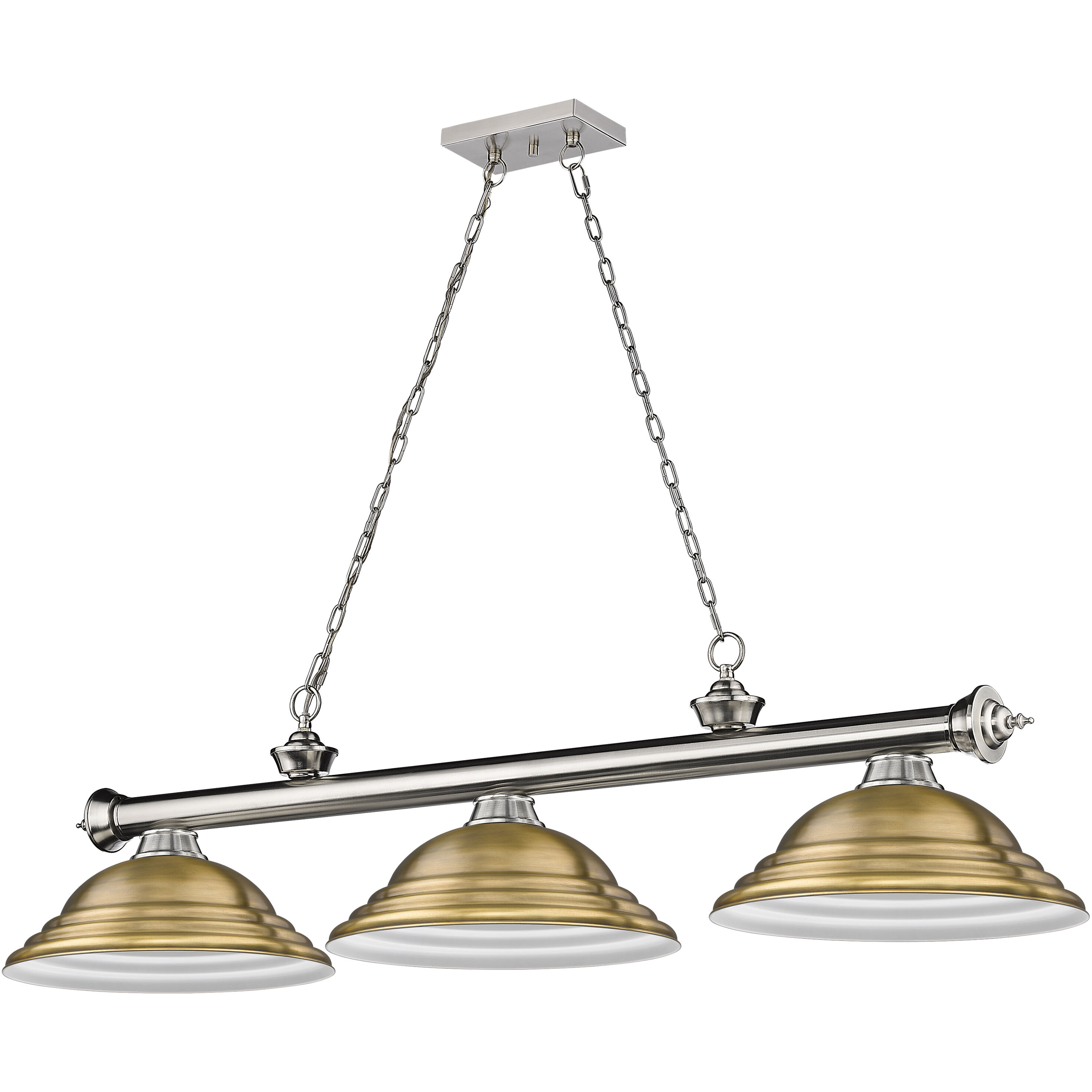 Cordon 3 Light 58 inch Brushed Nickel Billiard Ceiling Light in Rubbed Brass Metal