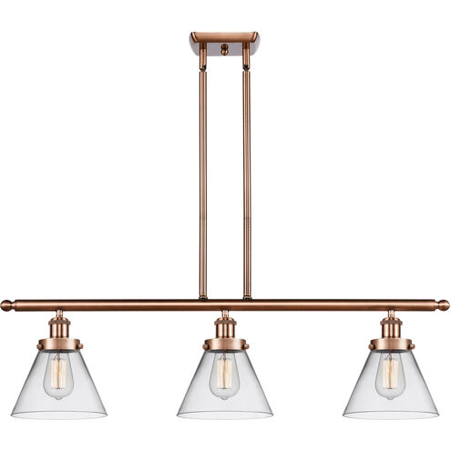 Ballston Large Cone 3 Light 36 inch Antique Copper Island Light Ceiling Light in Clear Glass
