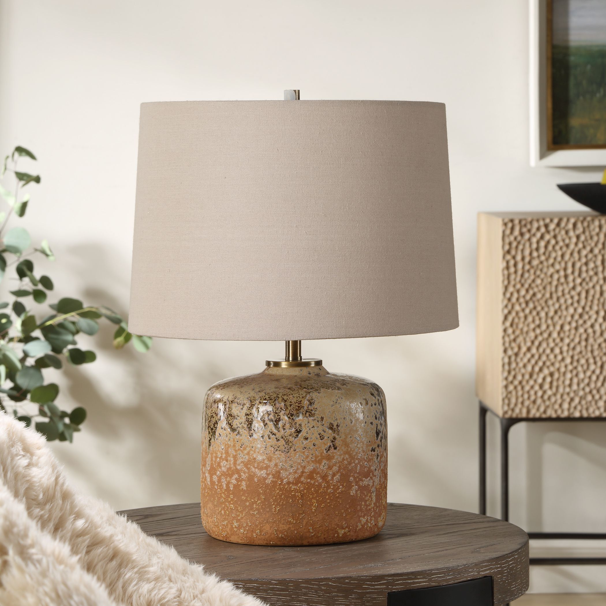Canyon 17.75 inch 100.00 watt Chocolate and Tan Mottled Glaze with Brushed Antique Brass Table Lamp Portable Light