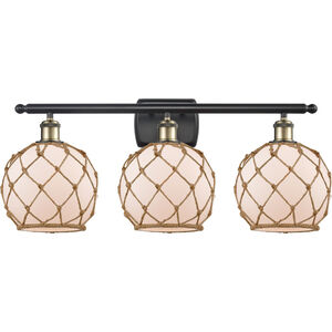Ballston Farmhouse Rope 3 Light 26 inch Black Antique Brass Bath Vanity Light Wall Light in White Glass with Brown Rope, Ballston