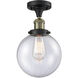 Franklin Restoration Large Beacon LED 8 inch Black Antique Brass Semi-Flush Mount Ceiling Light in Seedy Glass, Franklin Restoration