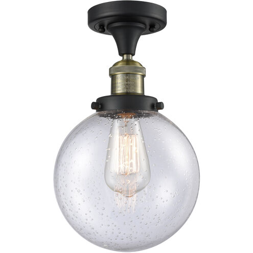 Franklin Restoration Large Beacon LED 8 inch Black Antique Brass Semi-Flush Mount Ceiling Light in Seedy Glass, Franklin Restoration