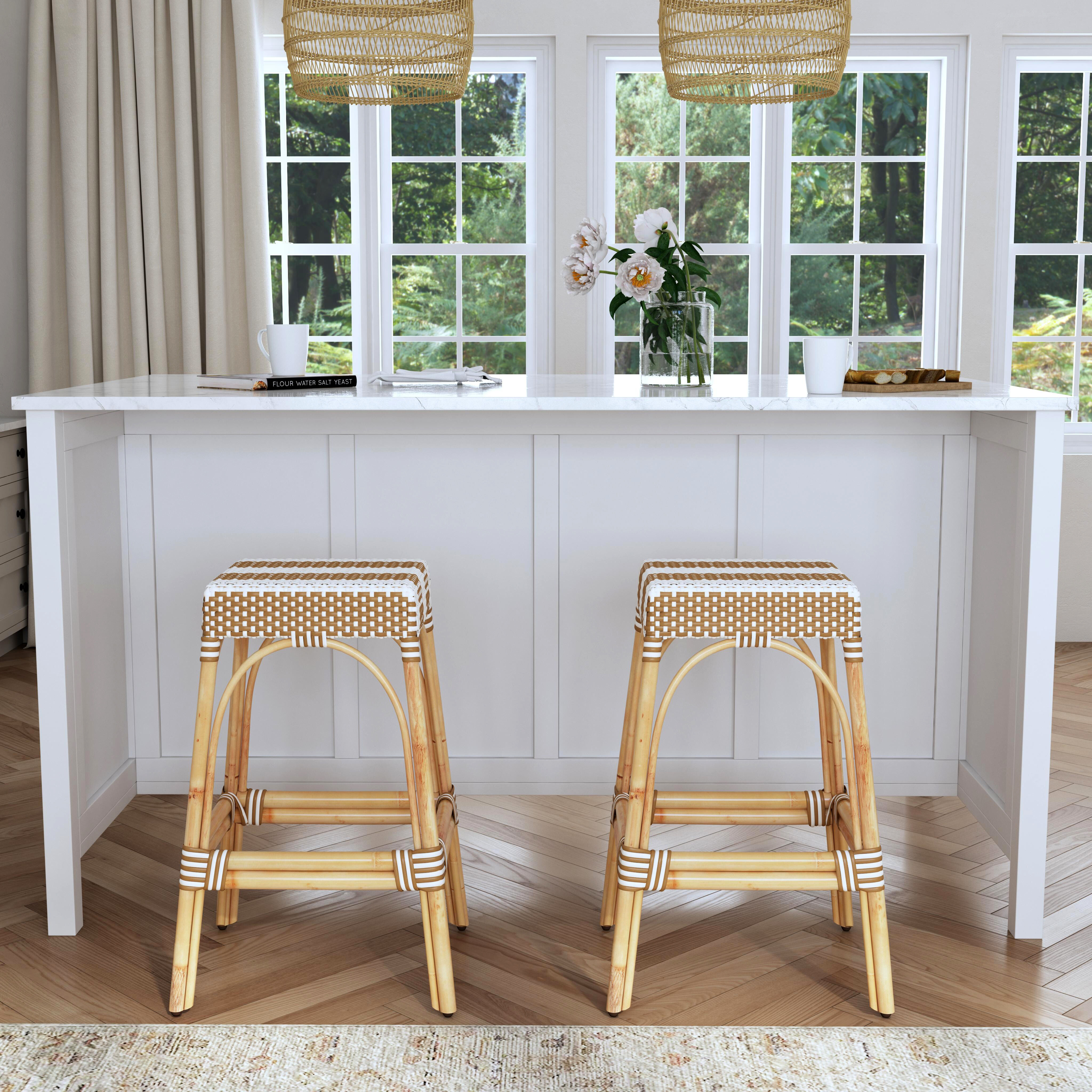 Robias Rectangular Rattan 30" Bar Stool in Tan and White Stripe