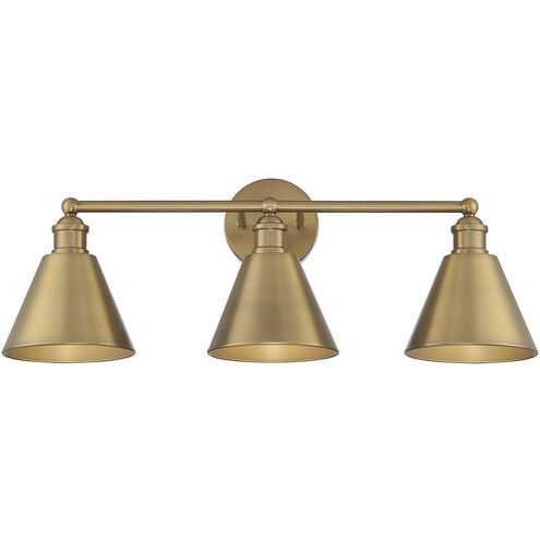 Modern Farmhouse 3 Light 27 inch Natural Brass Bathroom Vanity Light Wall Light