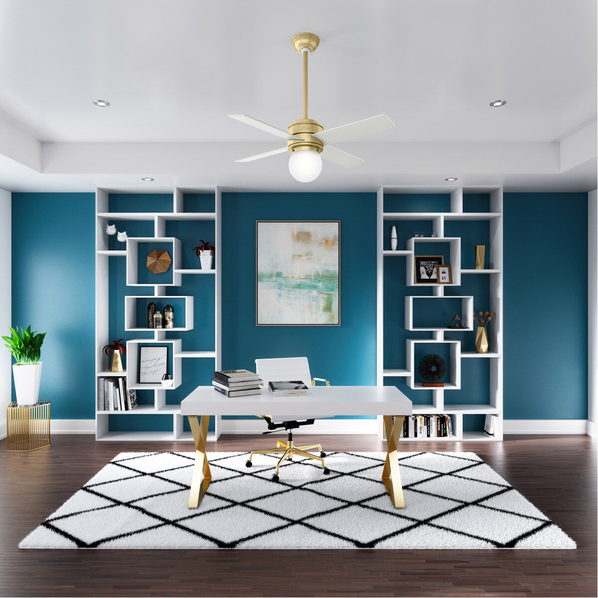 Hepburn 44 inch Modern Brass with Aged Oak/White Grain Blades Ceiling Fan