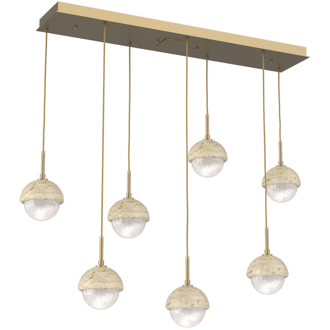 Cabochon LED 46.1 inch Gilded Brass with Travertine Stone Linear Multi-Pendant Ceiling Light in 2700K LED, Opal White