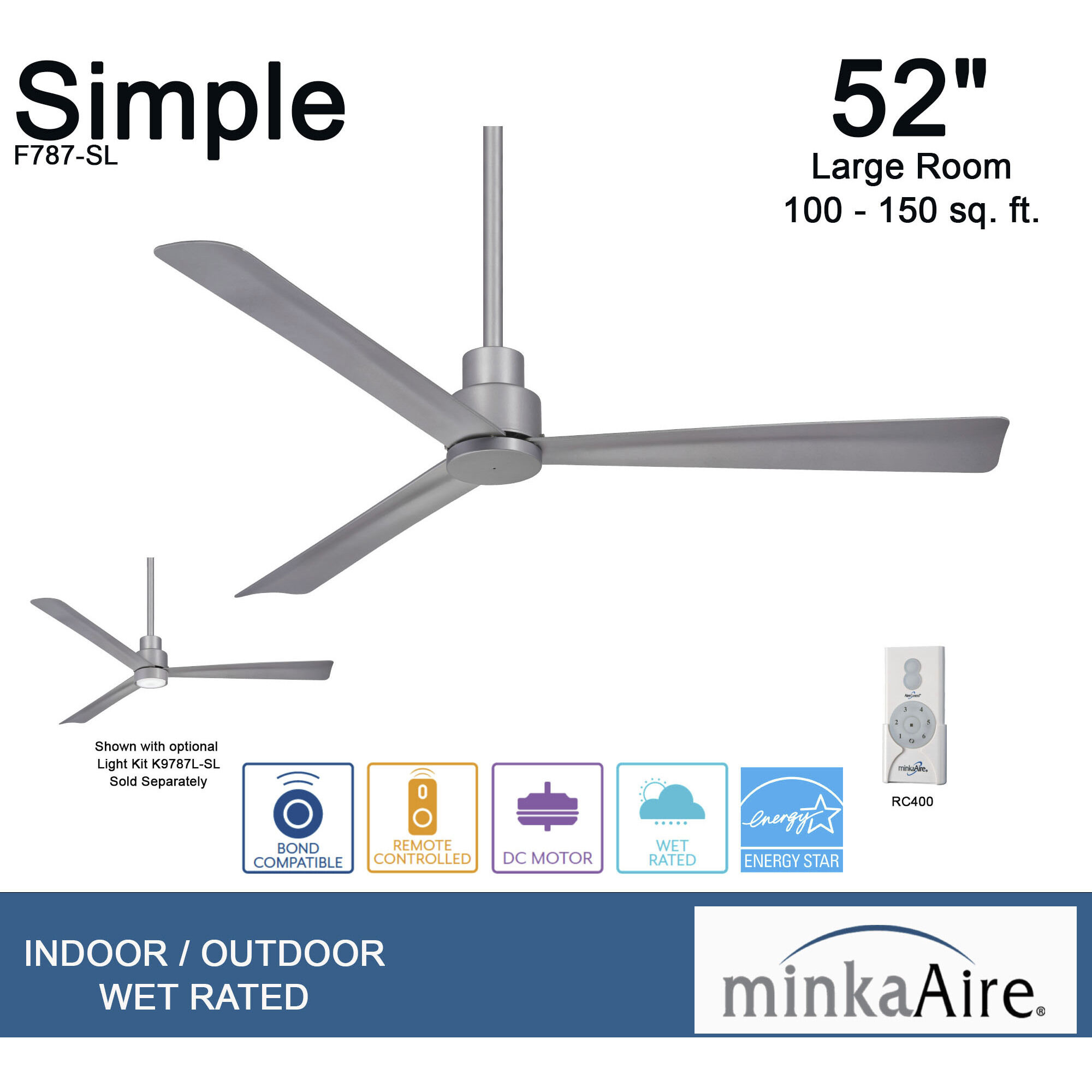Simple 52 inch Silver Outdoor Ceiling Fan