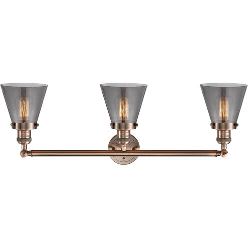 Franklin Restoration Small Cone 3 Light 30 inch Antique Copper Bath Vanity Light Wall Light in Plated Smoke Glass, Franklin Restoration