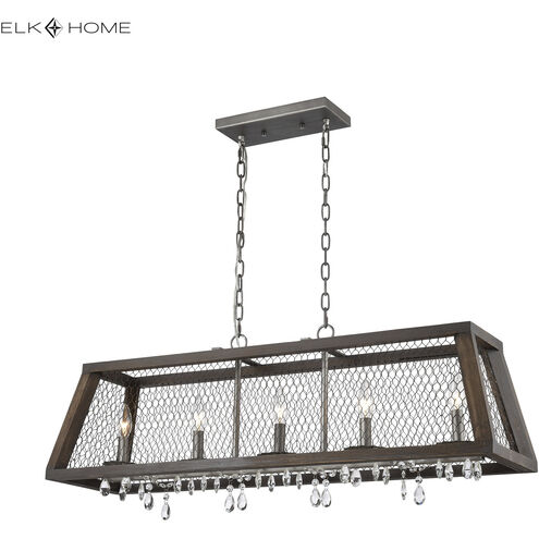 Renaissance Invention 5 Light 38 inch Aged Wood with Clear Linear Chandelier Ceiling Light