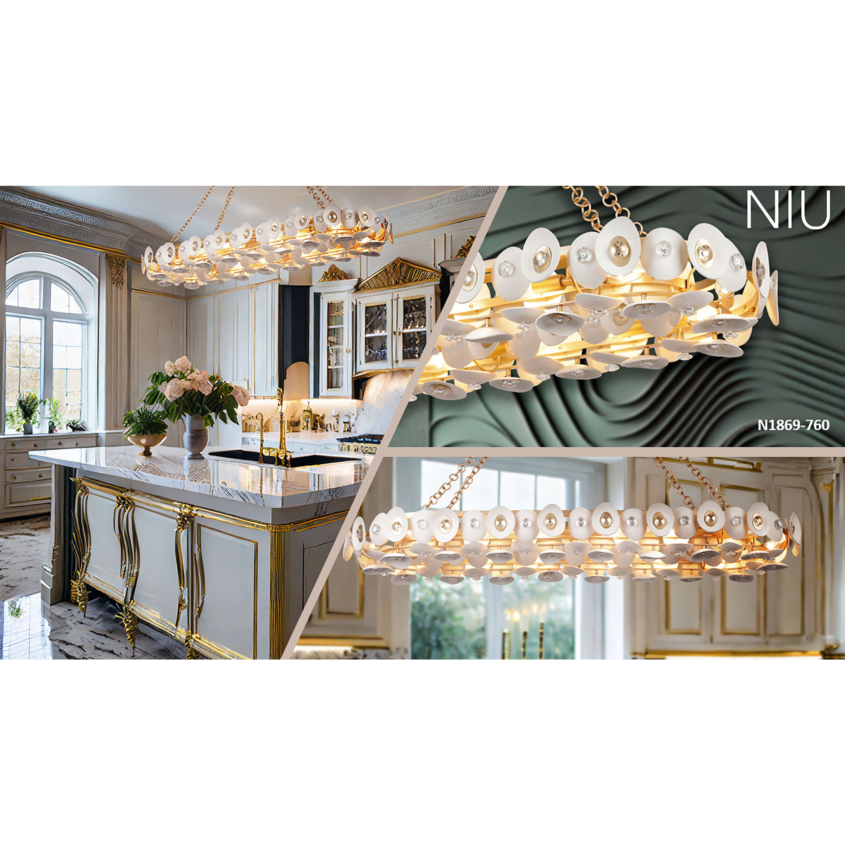 Niu 14 Light 49 inch Coconut Shell Gold / Coconut Shell White Island Light Ceiling Light