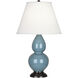 Small Double Gourd 22.75 inch 150 watt Steel Blue Glazed Ceramic with Deep Patina Bronze Accent Lamp Portable Light in Pearl Dupioni