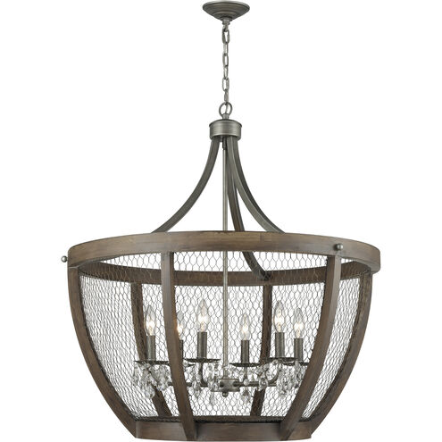 Renaissance Invention 6 Light 30 inch Aged Wood with Weathered Zinc and Clear Chandelier Ceiling Light