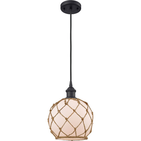 Ballston Farmhouse Rope 1 Light 8 inch Matte Black Mini Pendant Ceiling Light in White Glass with Brown Rope, Ballston