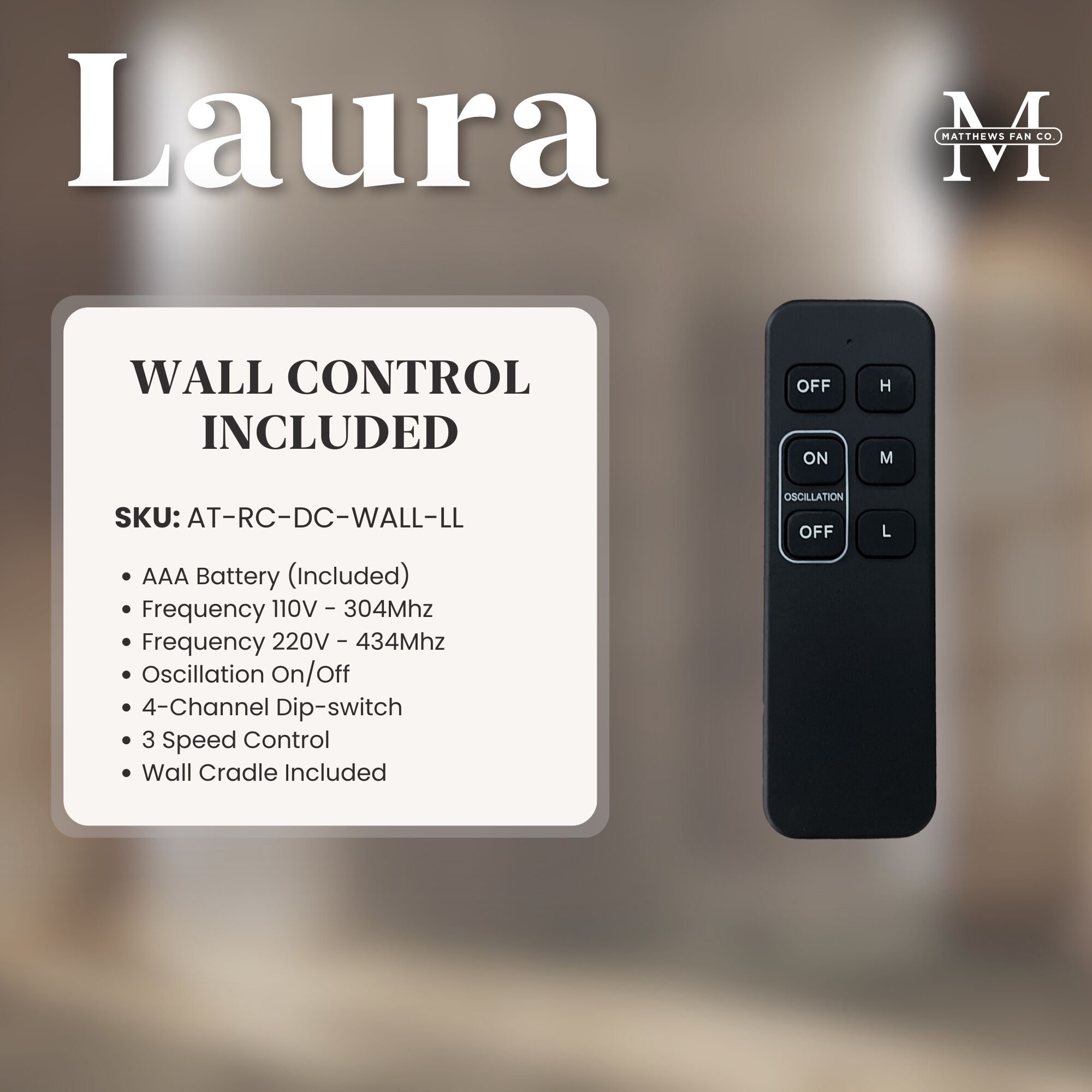 Atlas Laura 19.5 inch Matte Black Oscillating Wall Fan, Atlas