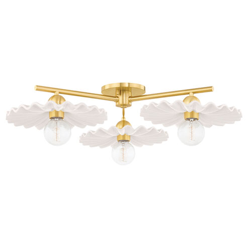 Tinsley 3 Light 33 inch Aged Brass/Ceramic Gloss Cream Semi Flush Ceiling Light