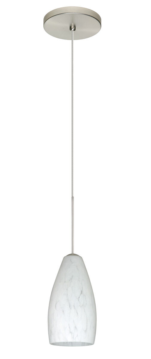 Karli 1 Light Satin Nickel Pendant Ceiling Light in Carrera Glass, Halogen