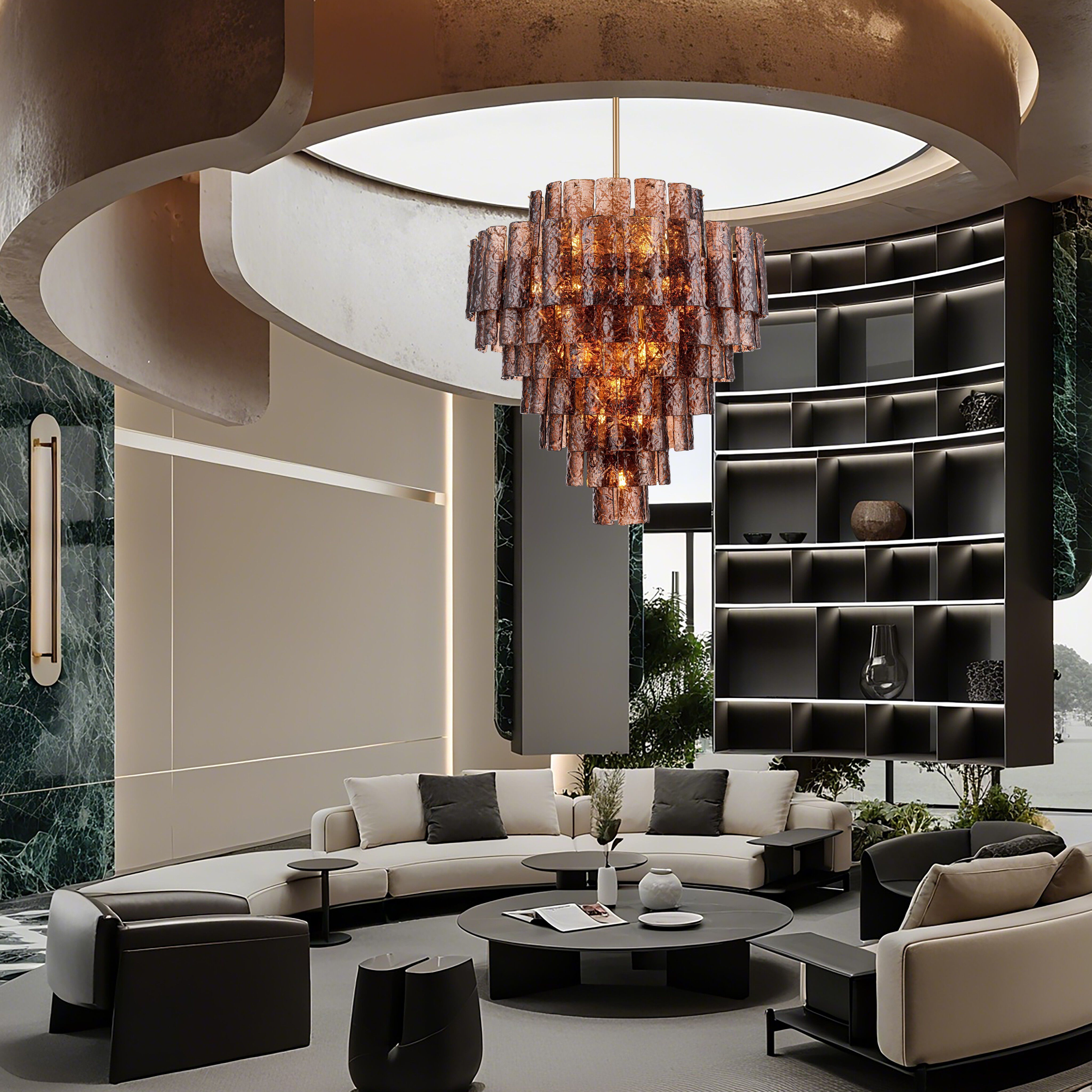 Fire and Ice 21 Light 34 inch Lacquered Gold Chandelier Ceiling Light in Dark Amber Glass