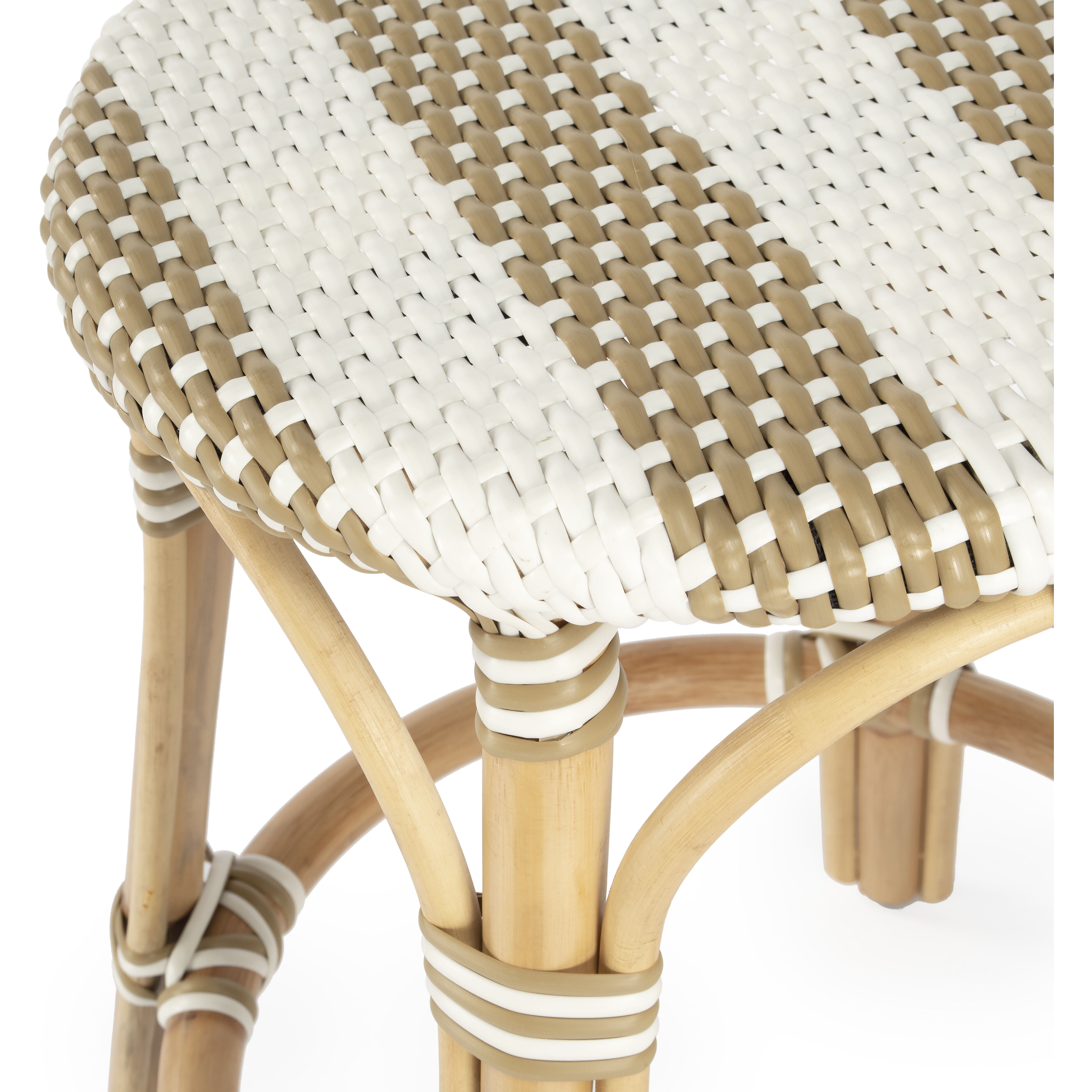 Tobias Rattan Round 24" Counter Stool in Tan and White Stripe