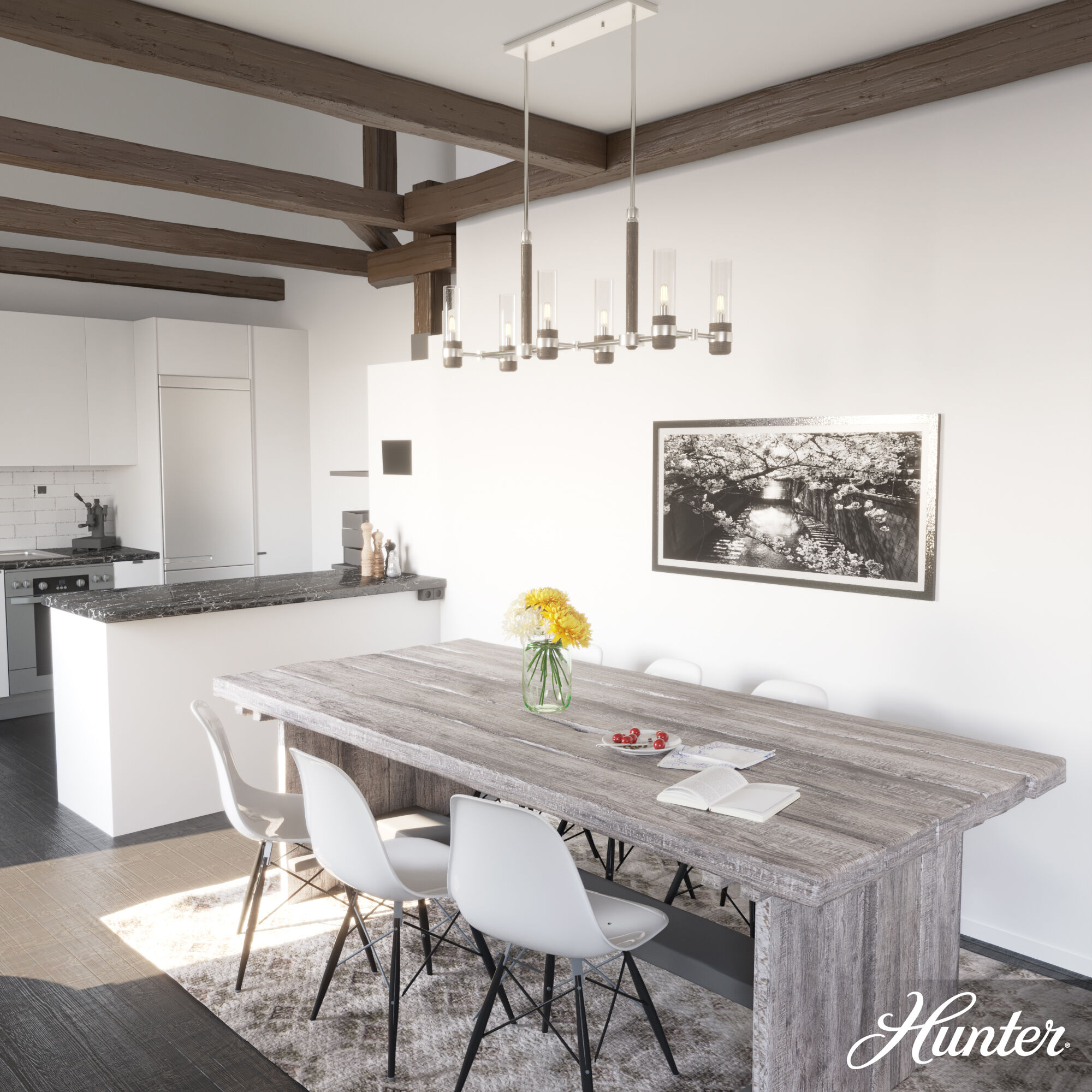 River Mill 6 Light 36.5 inch Brushed Nickel and Gray Wood Linear Chandelier Ceiling Light