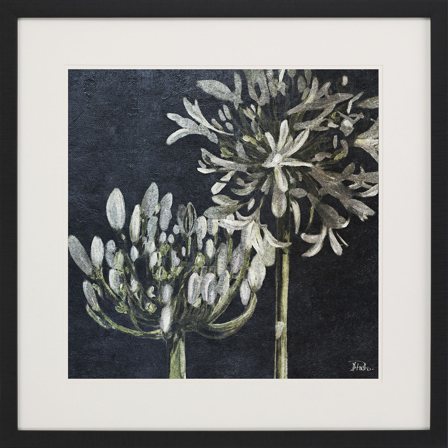 Midnight Lilies Black and Blue and Neutral and White Framed Art