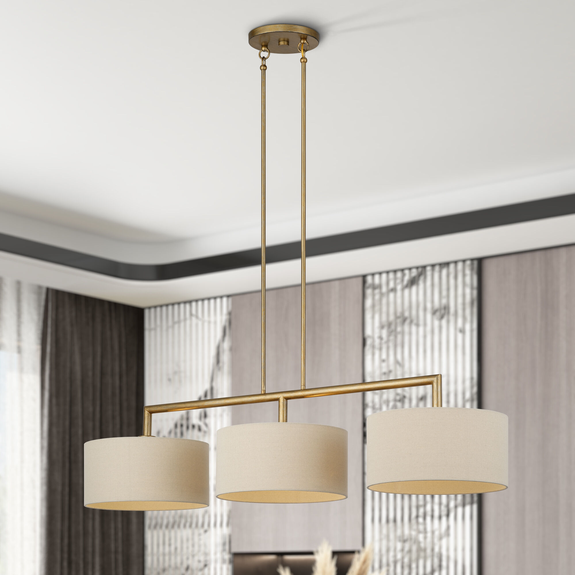 Bellingham 3 Light 51 inch Antique Gold Leaf Linear Chandelier Ceiling Light, Extra Large