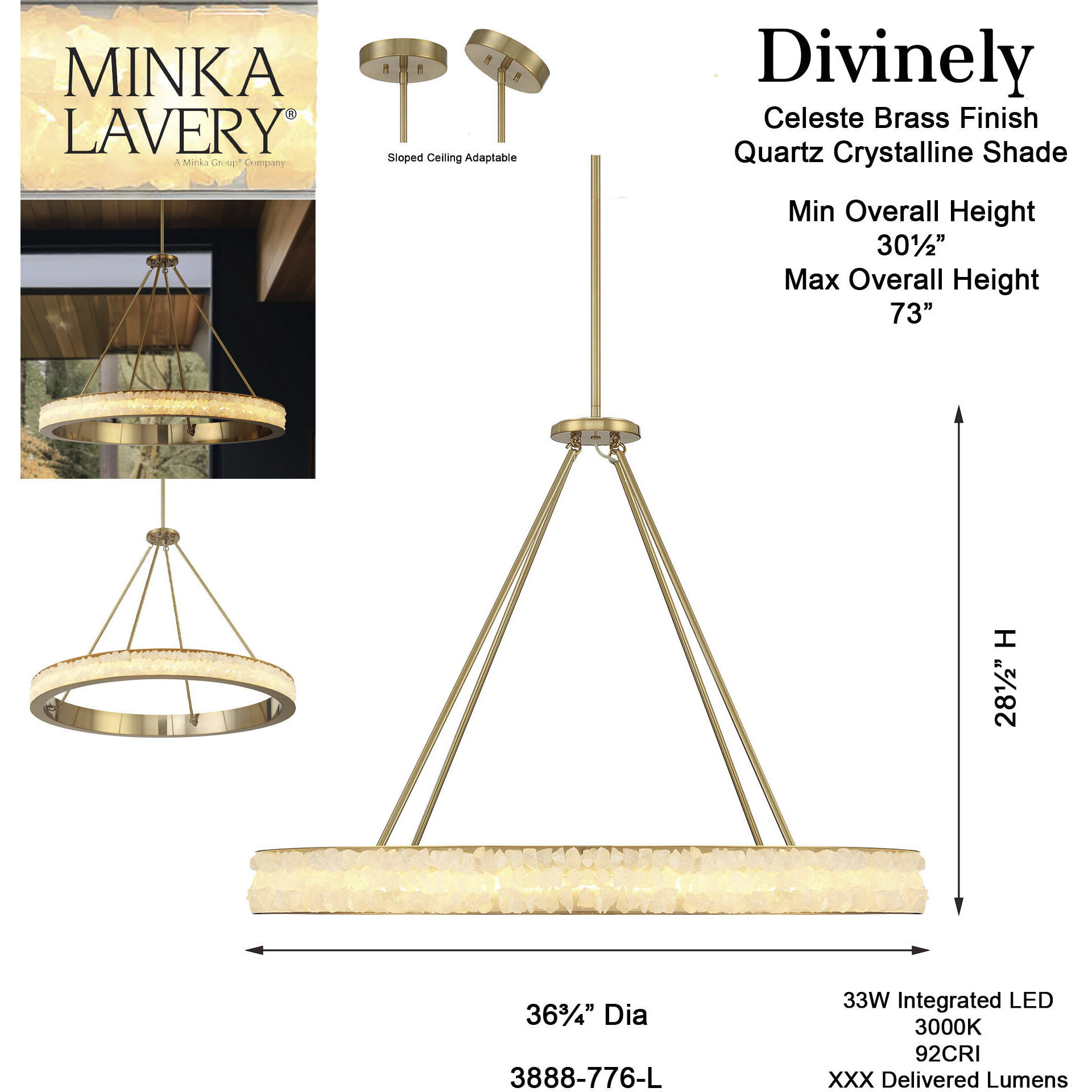 Divinely LED 36.75 inch Celeste Brass Chandelier Ceiling Light