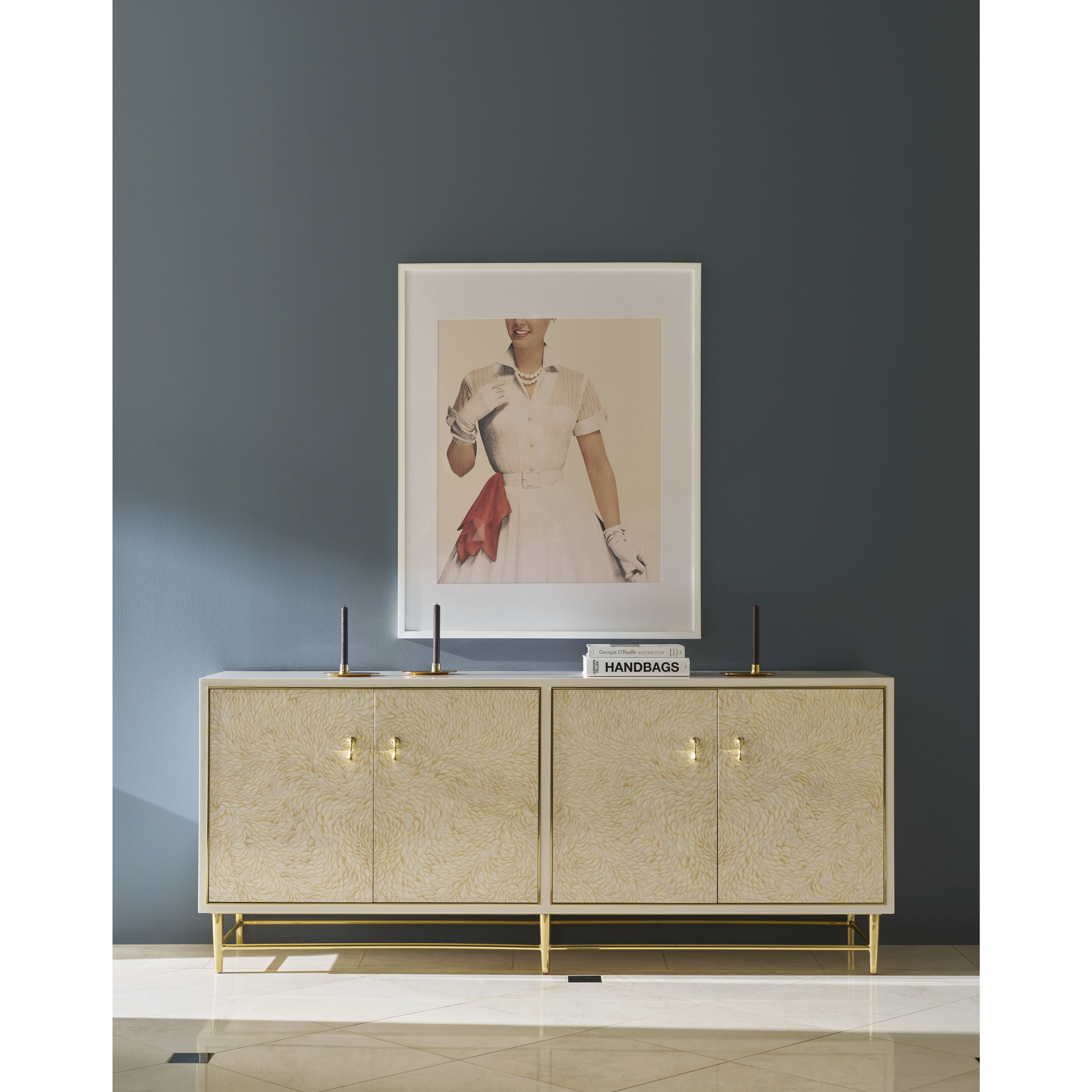 Judith Leiber Couture 80 X 19 inch Feather / Solstice / Polished Brass Credenza, Wooden, 4-Door