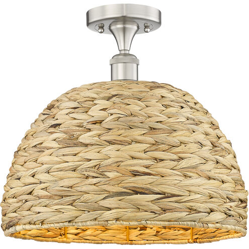 Edison Woven Rattan 1 Light 15.75 inch Brushed Satin Nickel Semi-Flush Mount Ceiling Light
