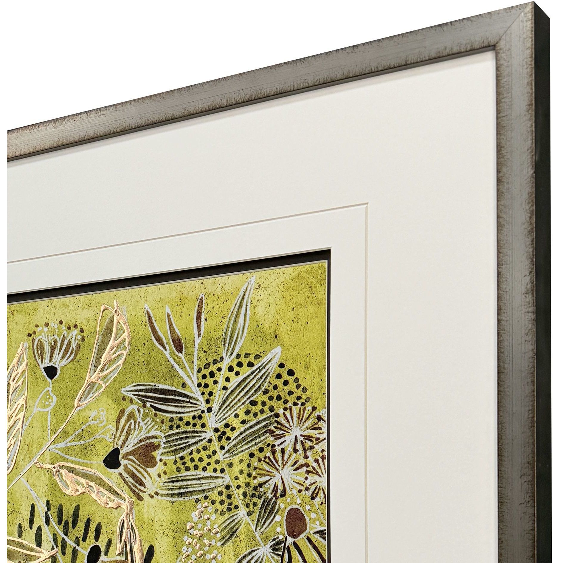 Saffron Wallflowers Green and Brown and Metallic and Yellow Framed Art
