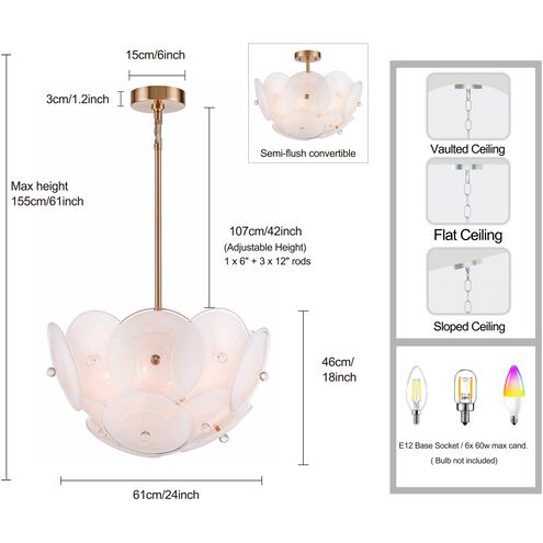 Tallulah 6 Light 24 inch Lacquered Gold Pendant Ceiling Light, Converts to Semi Flush