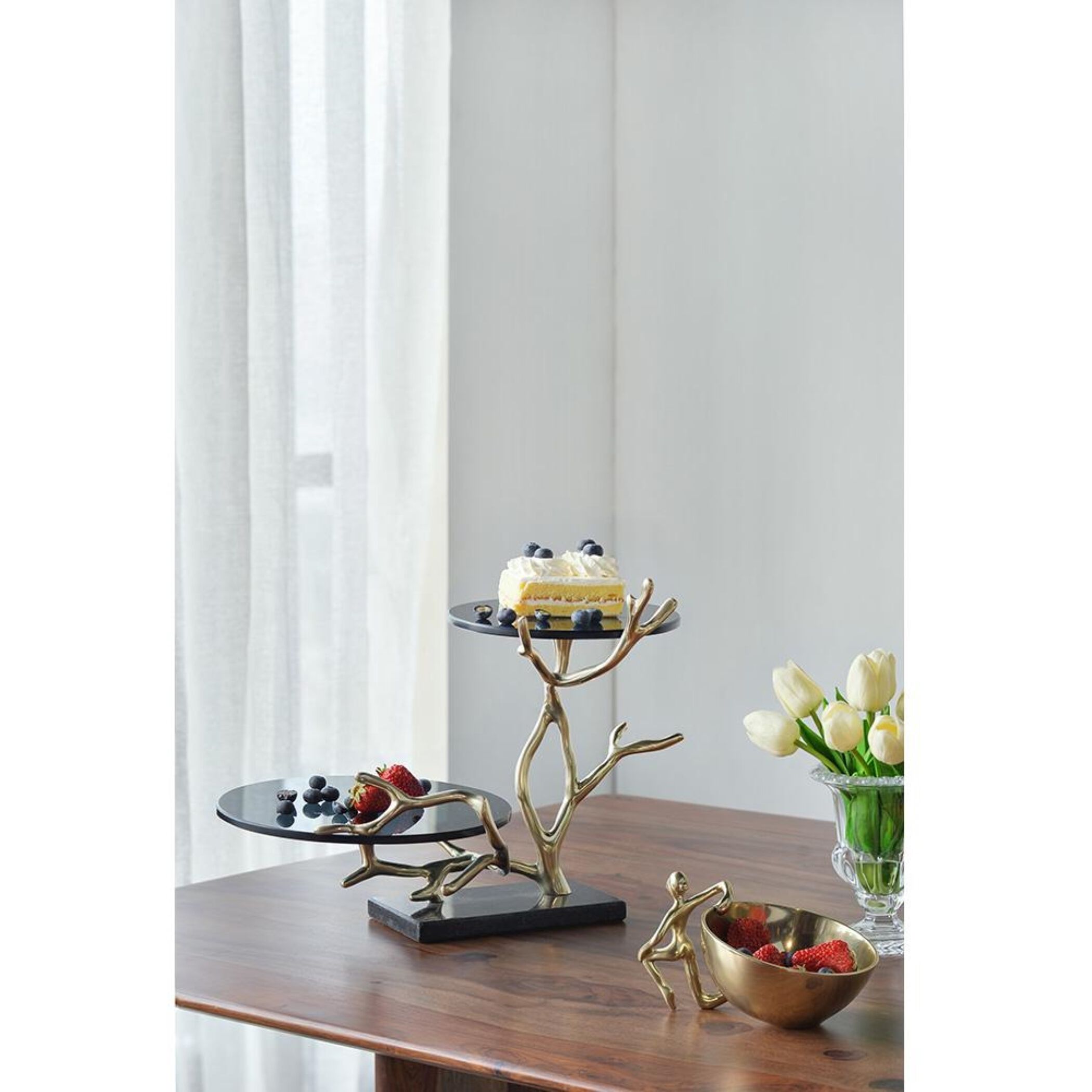 Anita 16.9 X 12.4 inch Polished Gold Finished Aluminum with Black Float Glass/Black Granite Base Cake Stand