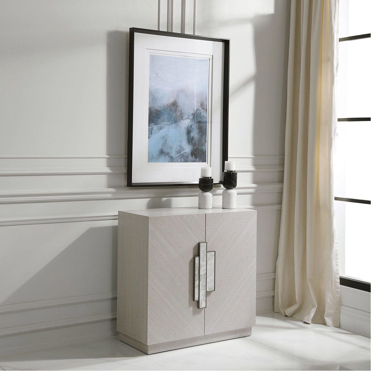 Viela Soft Gray with White Marble and Brushed Silver 2 Door Cabinet