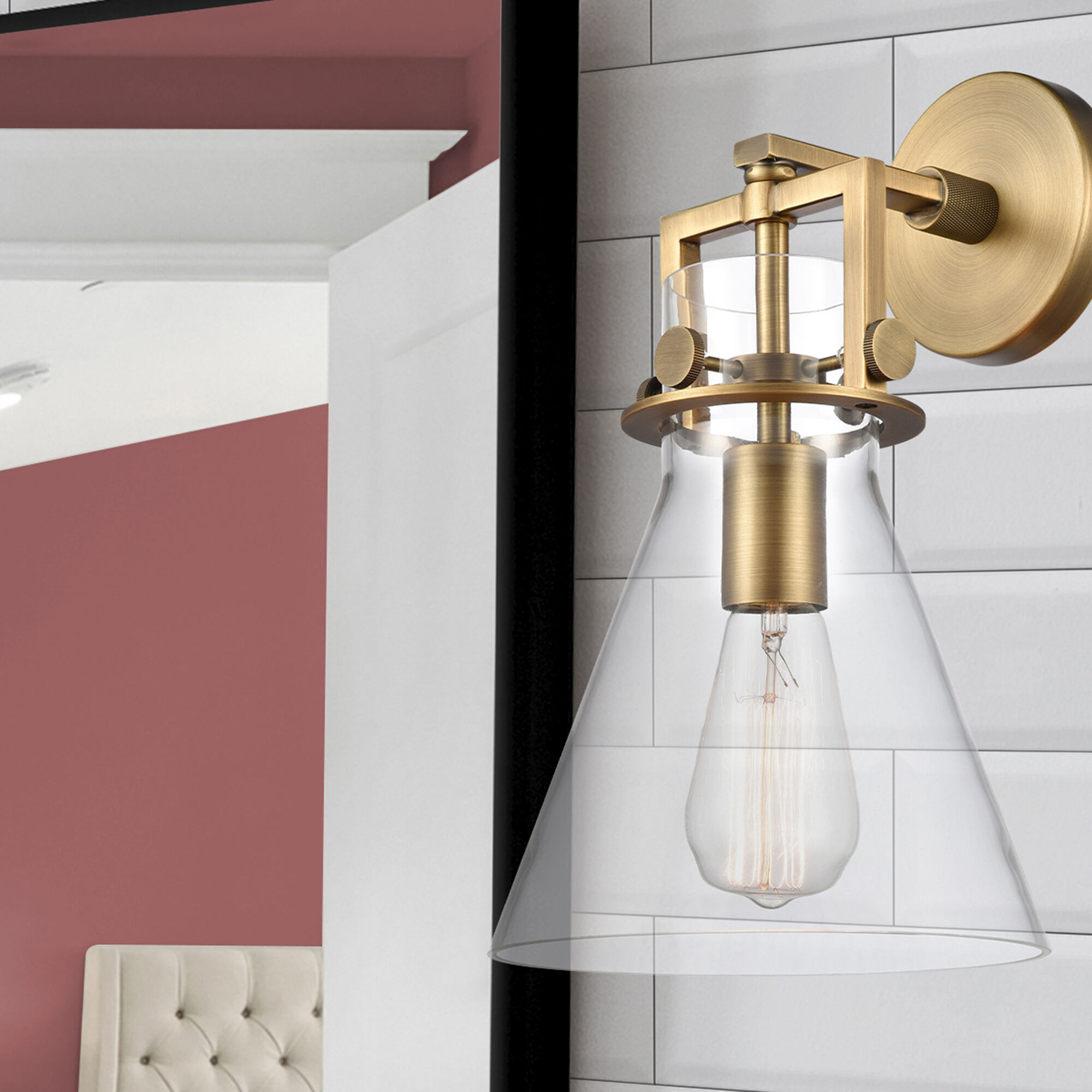 Newton Cone Sconce Wall Light in Brushed Brass, Clear Glass