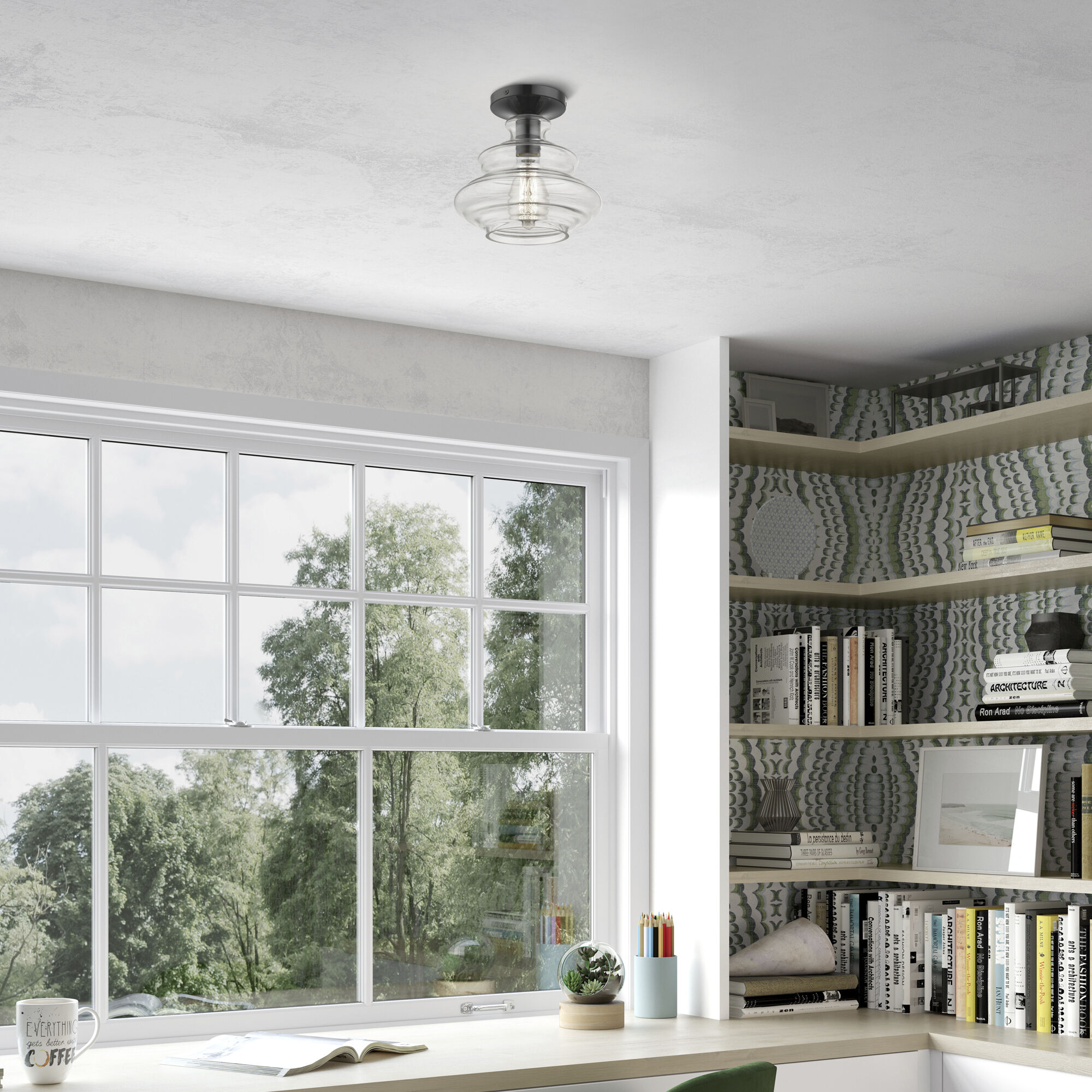 Everett 1 Light 9 inch Shiny Black with Chrome Finish Accents Semi-Flush Ceiling Light