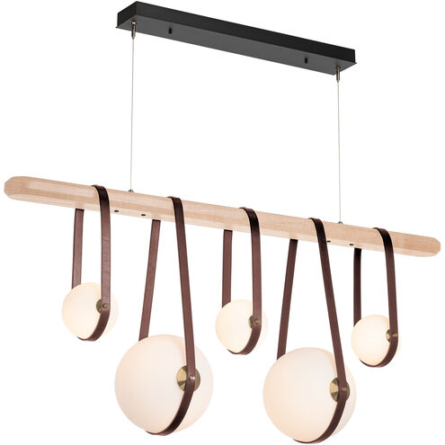 Derby LED 52 inch Black and Antique Brass Linear Pendant Ceiling Light in Black/Antique Brass, British Brown Leather with Maple Natural