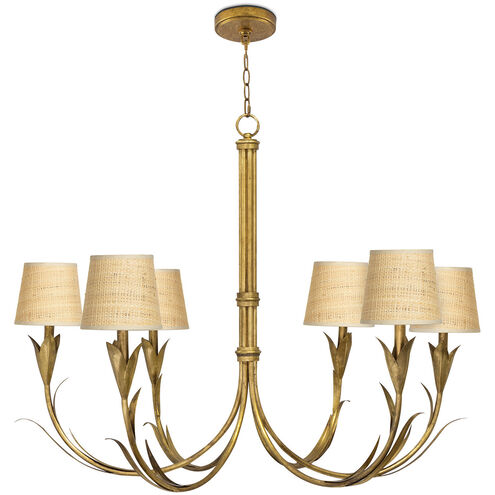 River Reed 6 Light 41 inch Antique Gold Leaf Chandelier Ceiling Light in Rattan Shade, Small