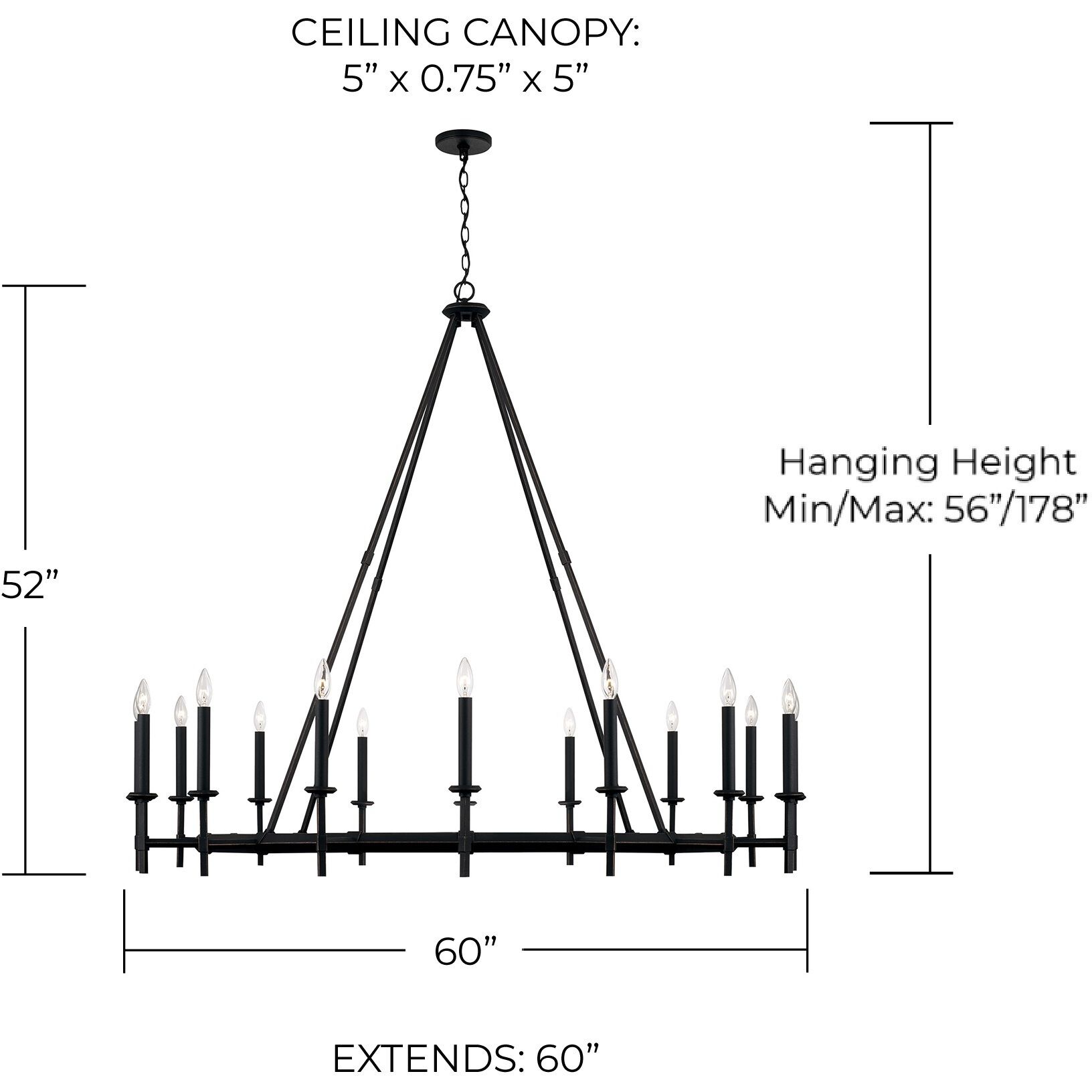Ogden 16 Light 60 inch Brushed Black Iron Chandelier Ceiling Light