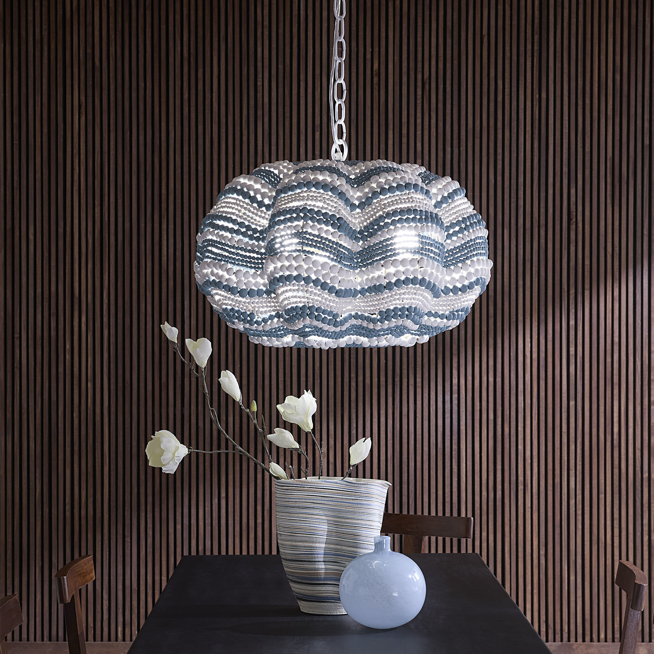 Clamshell 4 Light 27 inch Blue and White Wood Beads Chandelier Ceiling Light, Small