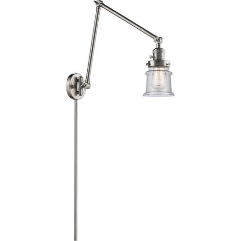 Small Canton 30 inch 3.5 watt Satin Nickel Swing Arm Wall Light in Brushed Satin Nickel, Seedy Glass, Franklin Restoration
