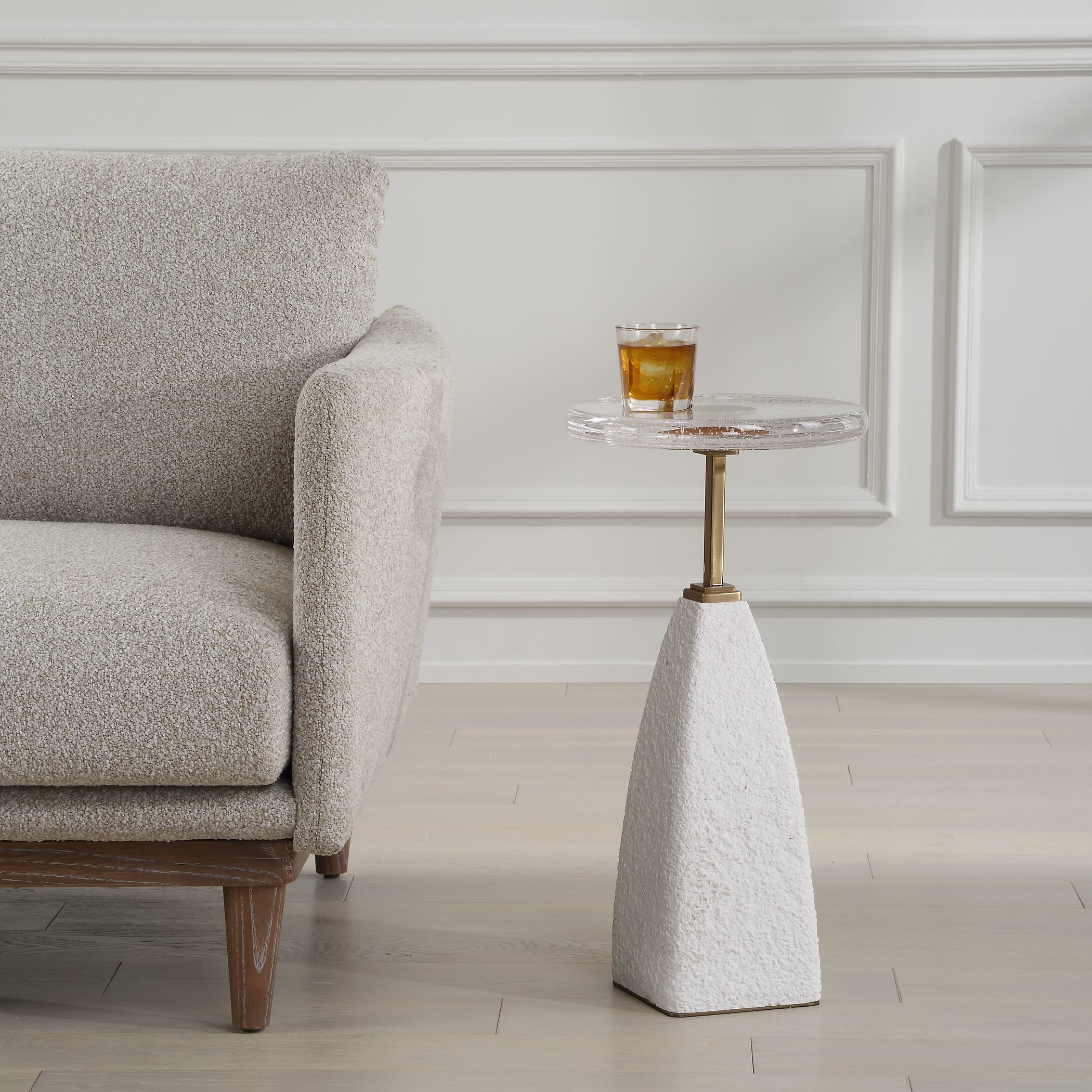 Sora 24 X 12 inch Seeded Glass and Sandstone with Brushed Brass Drink Table