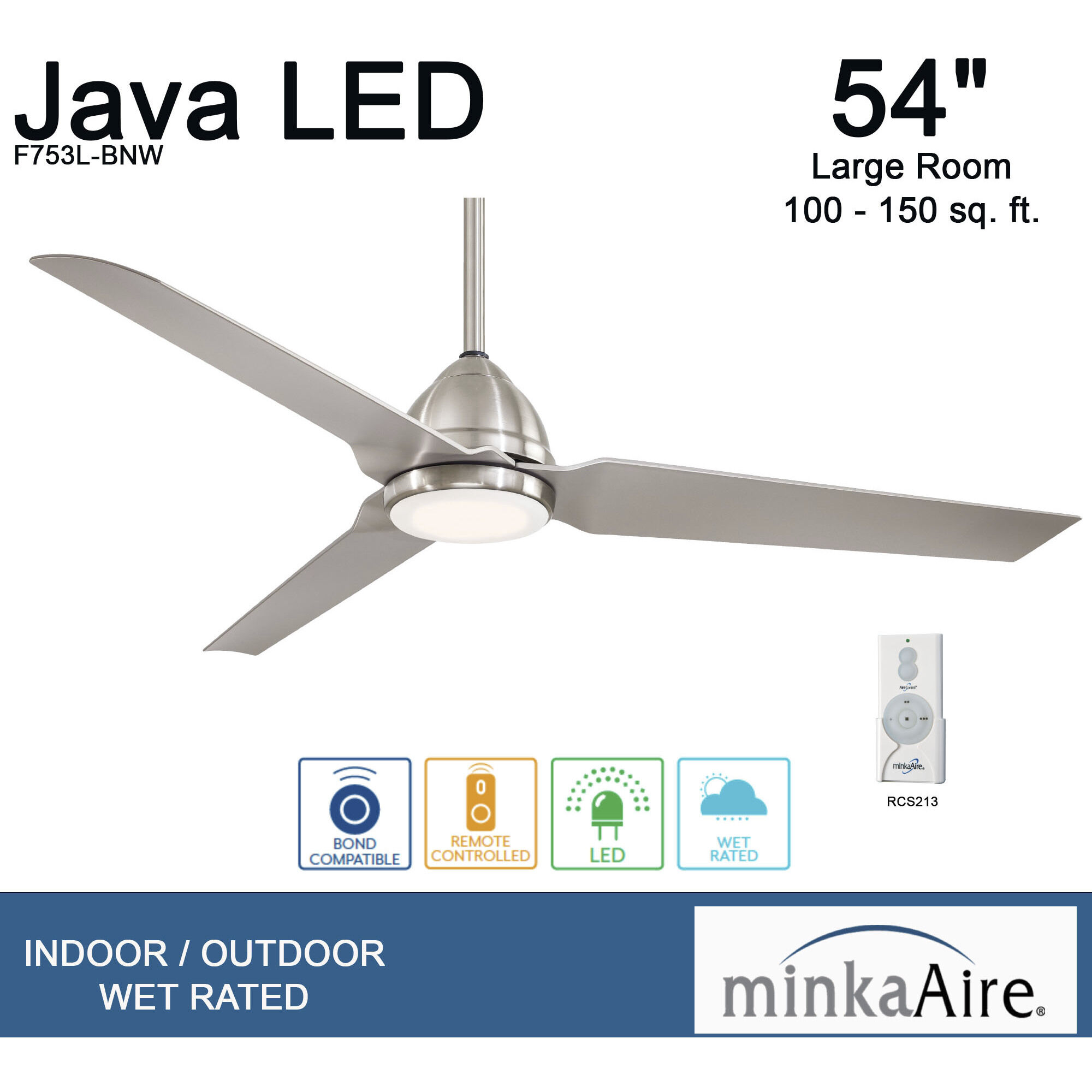 Java 54 inch Brushed Nickel Wet with Silver Blades Outdoor Ceiling Fan