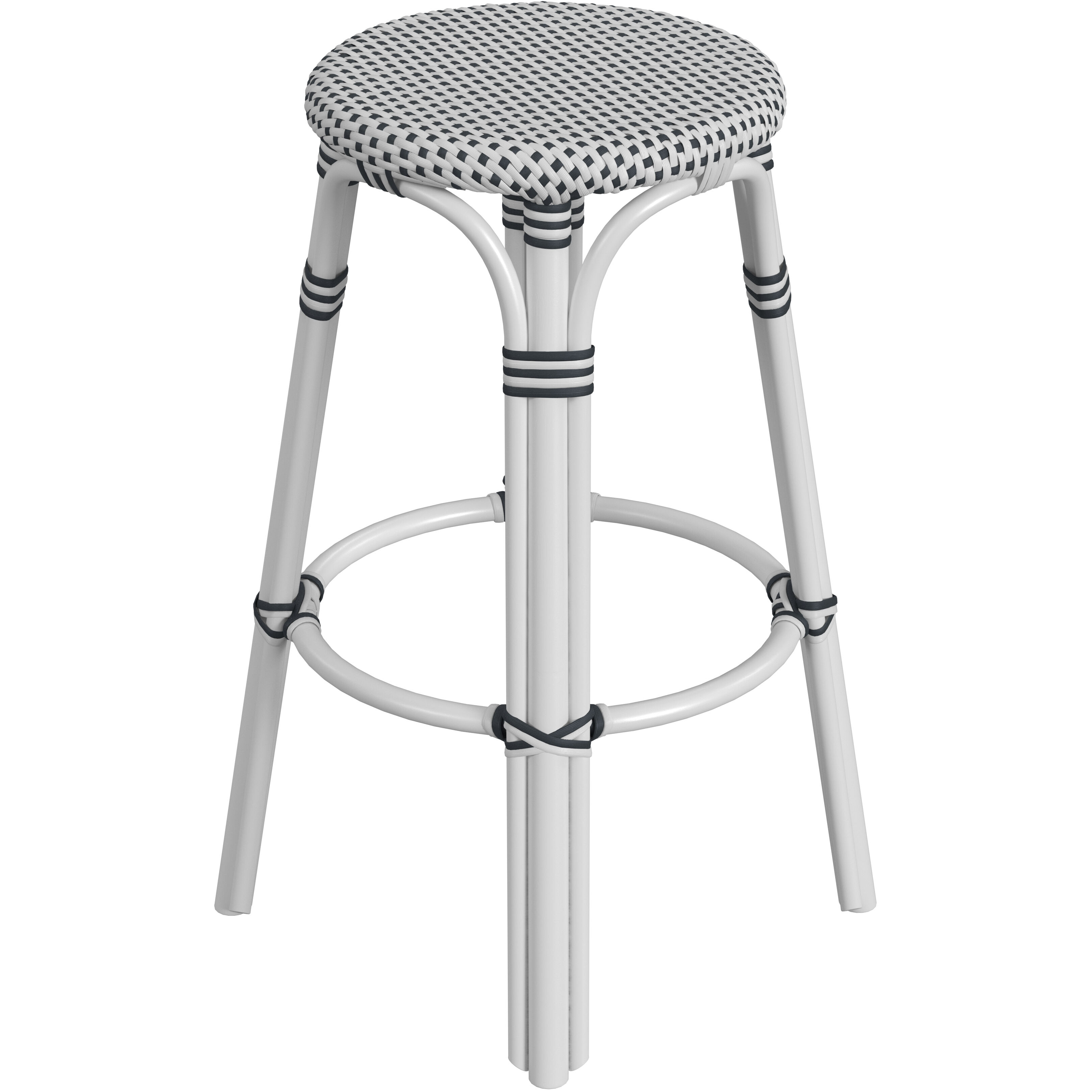 Tobias Round Rattan 30" Bar Stool in White and Black Dot