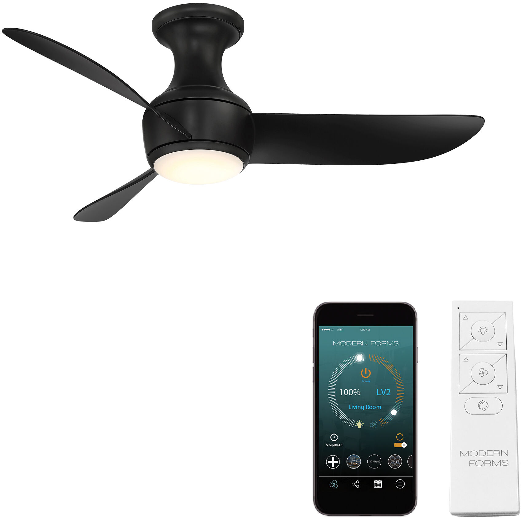 Corona 44 inch Matte Black Flush Mount Ceiling Fan in 3500K